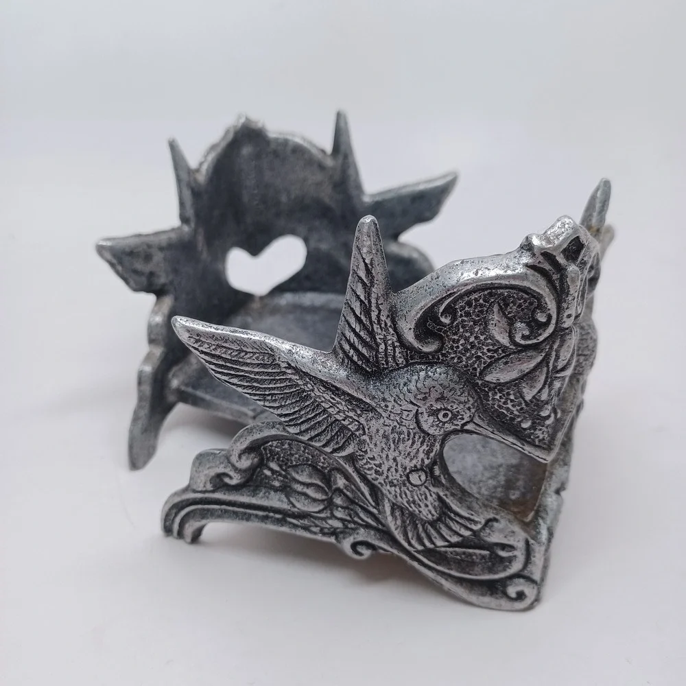 Vintage Style Silver Cast Metal Hummingbird Heart Large Candle Holder Ornate